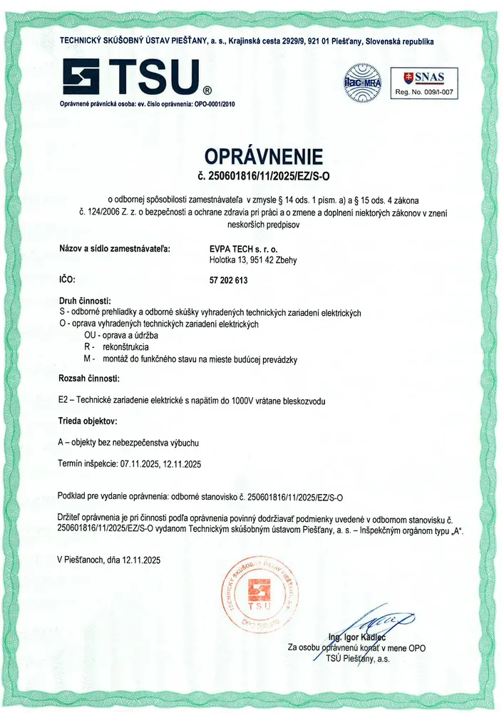 Oprávnenie TSU Piešťany pre elektrické zariadenia do 1000 V