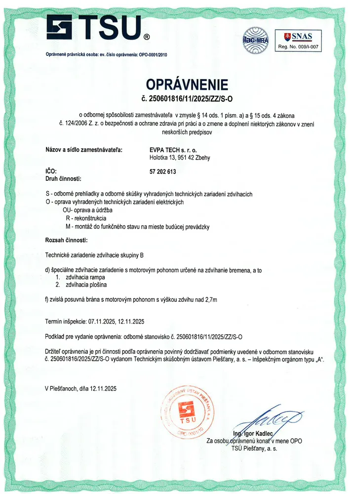 Oprávnenie TSU Piešťany pre zdvíhacie zariadenia a motorové posuvné brány